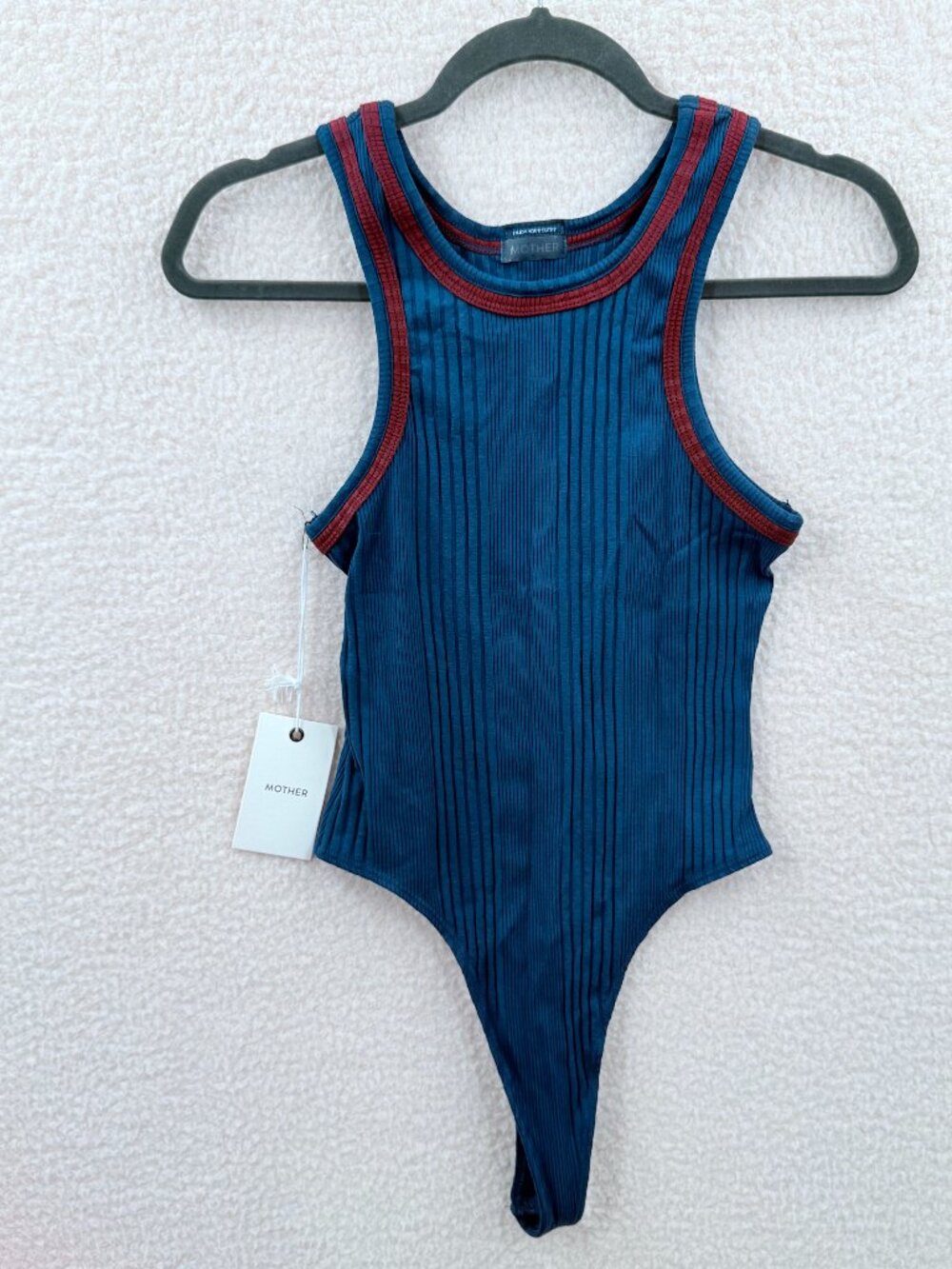 MOTHER Navy blue/Maroon Ribbed racerback thong bodysuit Size M NWT